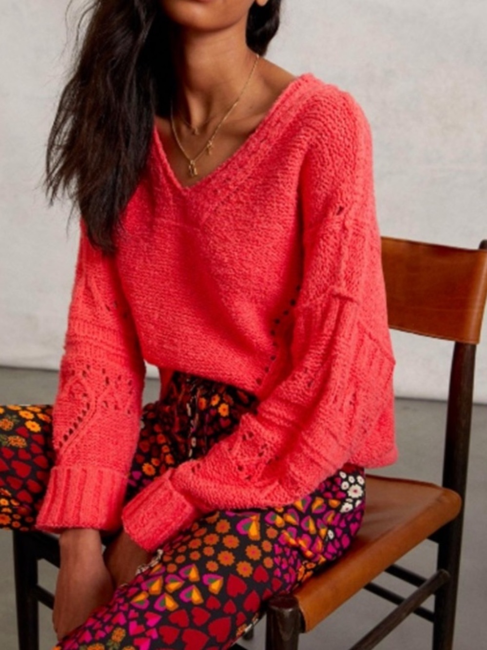 ANTHROPOLOGIE pilcro Marla sweater coral knit vneck coral red